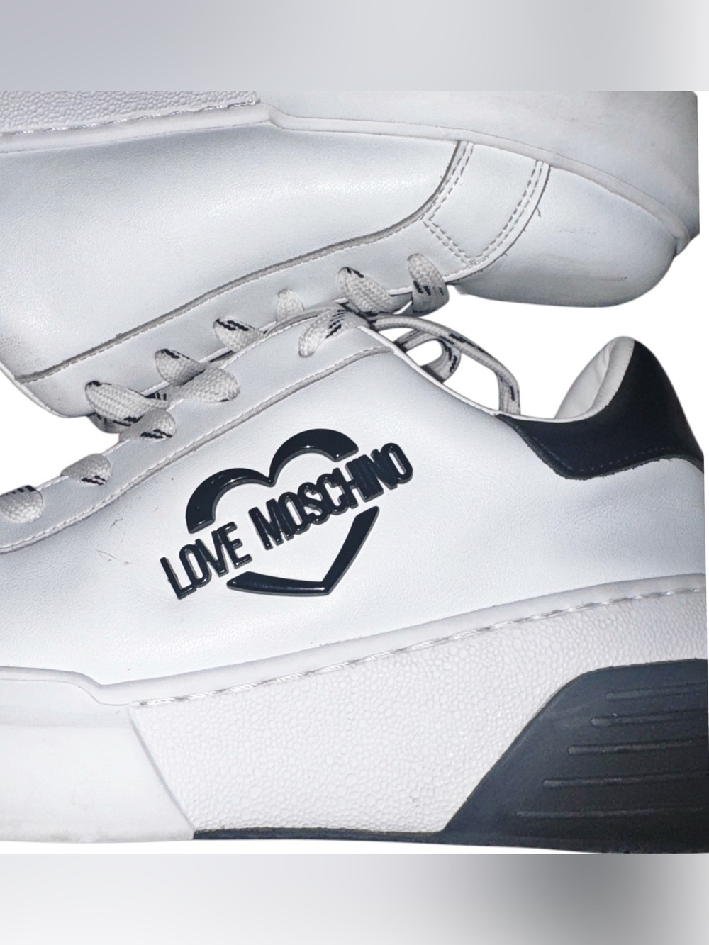 LOVE MOSCHINO - Logo Plaque Leather Platform Sneakers - White & Black - Picture 10 of 12